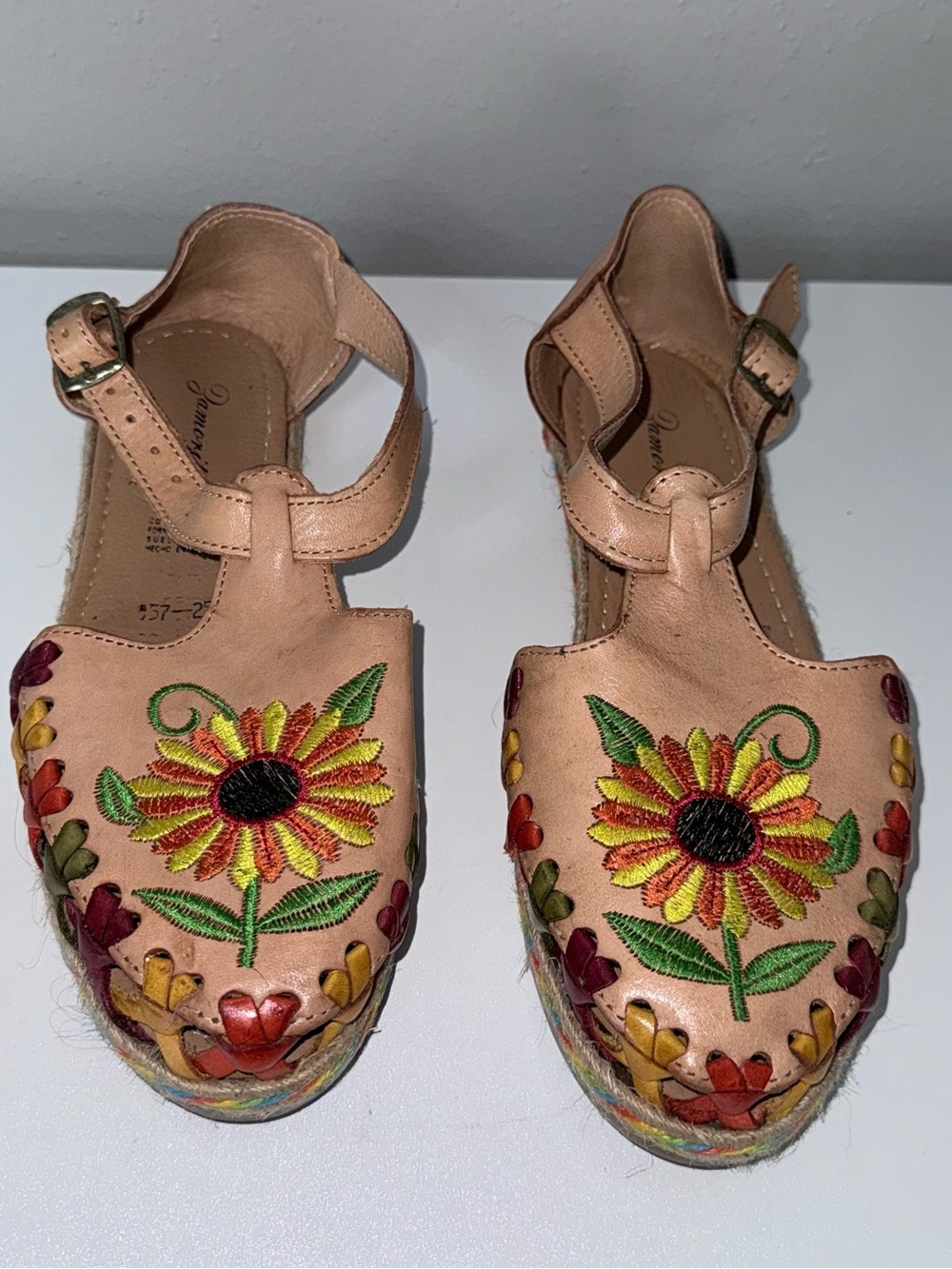 Sunflower Embroidered Tan Leather Sandals - Women